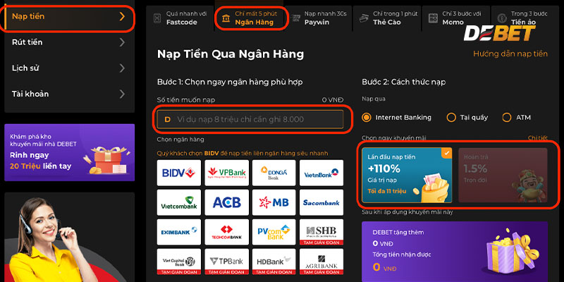 Các phương thức Nạp Tiền DEBET